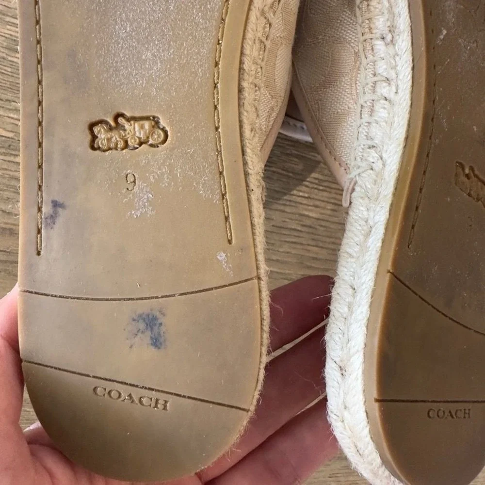 Coach Signature Espadrille Mules Slides Women's 9 Tan Beige Jacquard Tassel Bow